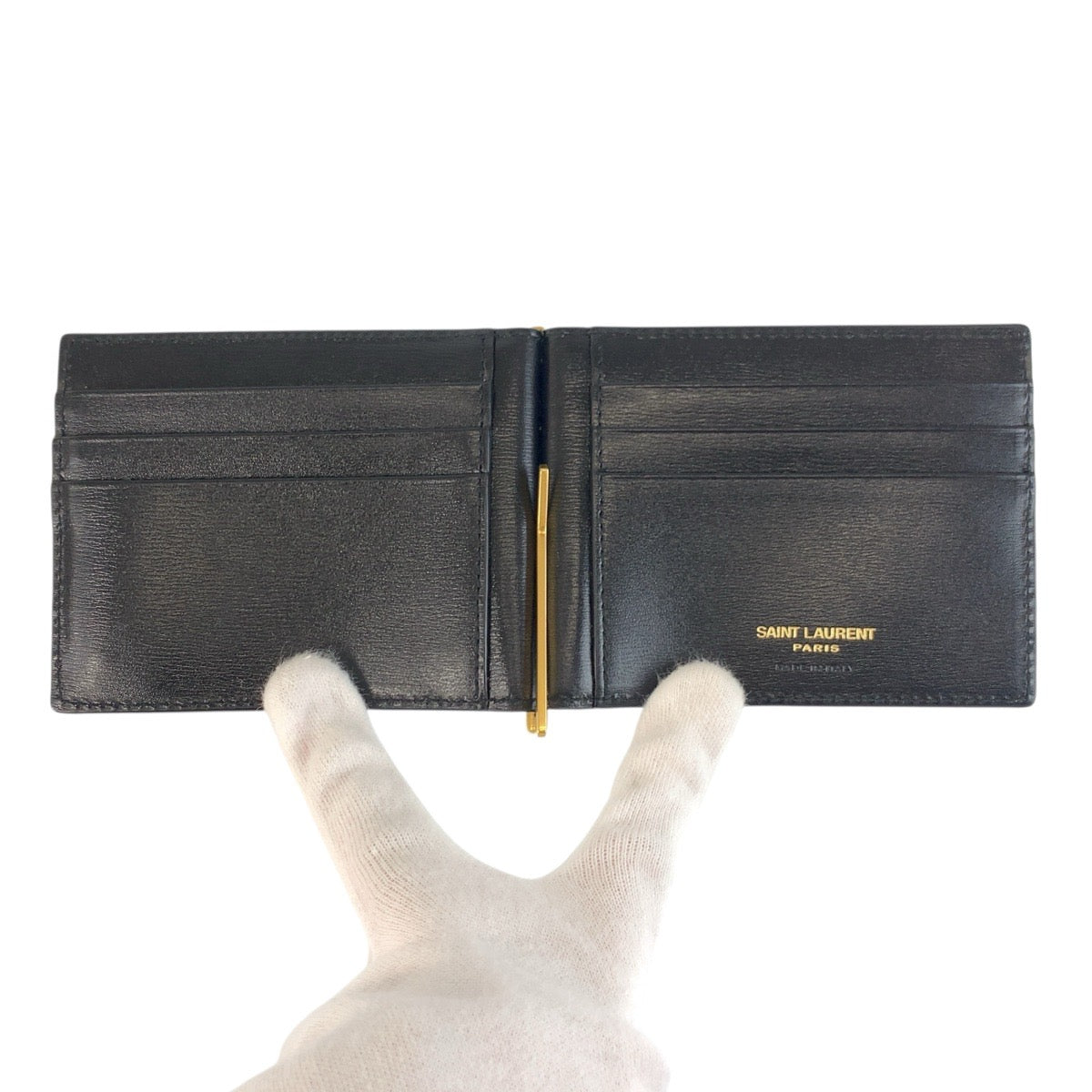 19701
SAINT LAURENT PARIS サンローランパリ タイニーカサンドラ YSL ビルクリップウォレット ブラック 黒 ゴールド金具 レザー ALM607738 カードケース マネークリップ  メンズ SA36