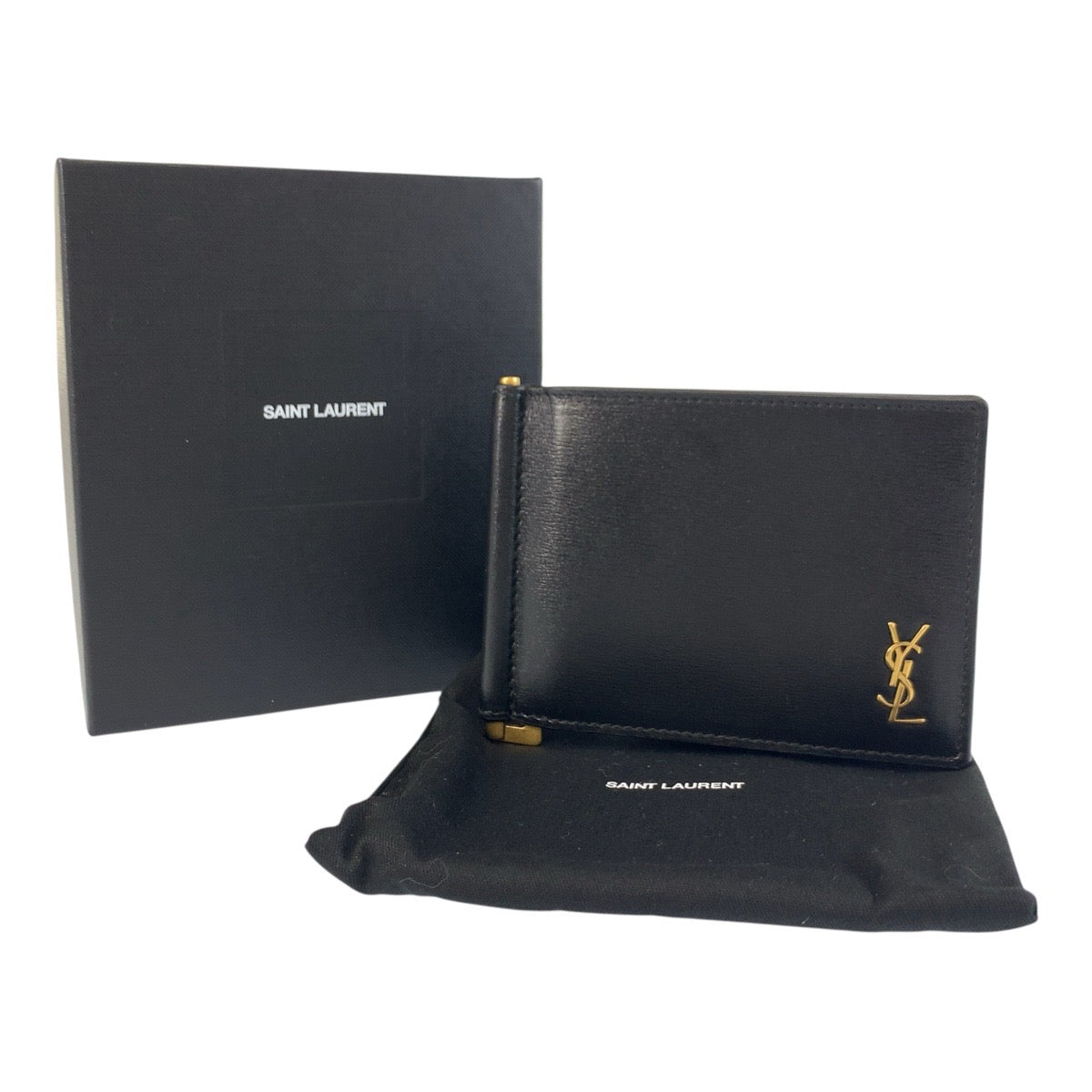 19701
SAINT LAURENT PARIS サンローランパリ タイニーカサンドラ YSL ビルクリップウォレット ブラック 黒 ゴールド金具 レザー ALM607738 カードケース マネークリップ  メンズ SA36
