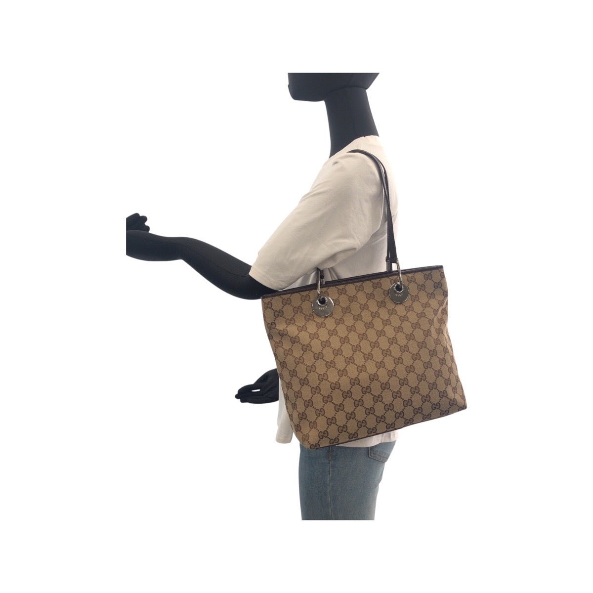 19710
GUCCI Beige Brown Silver Hardware GG Canvas / Leather 139552 Tote Bag Shoulder Bag Ladies ABP34