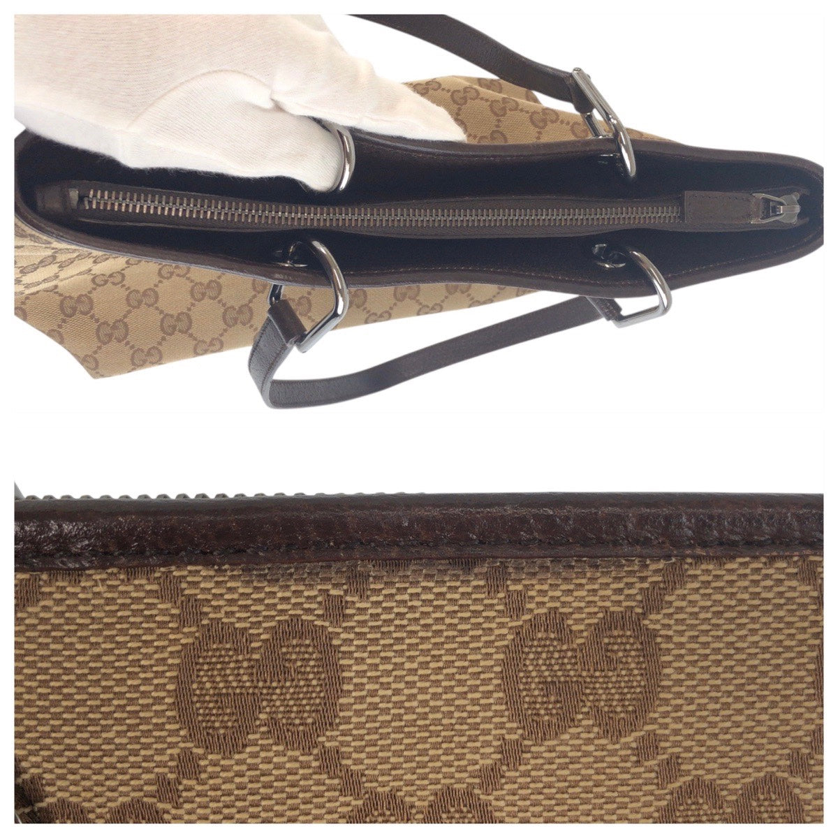 19710
GUCCI Beige Brown Silver Hardware GG Canvas / Leather 139552 Tote Bag Shoulder Bag Ladies ABP34