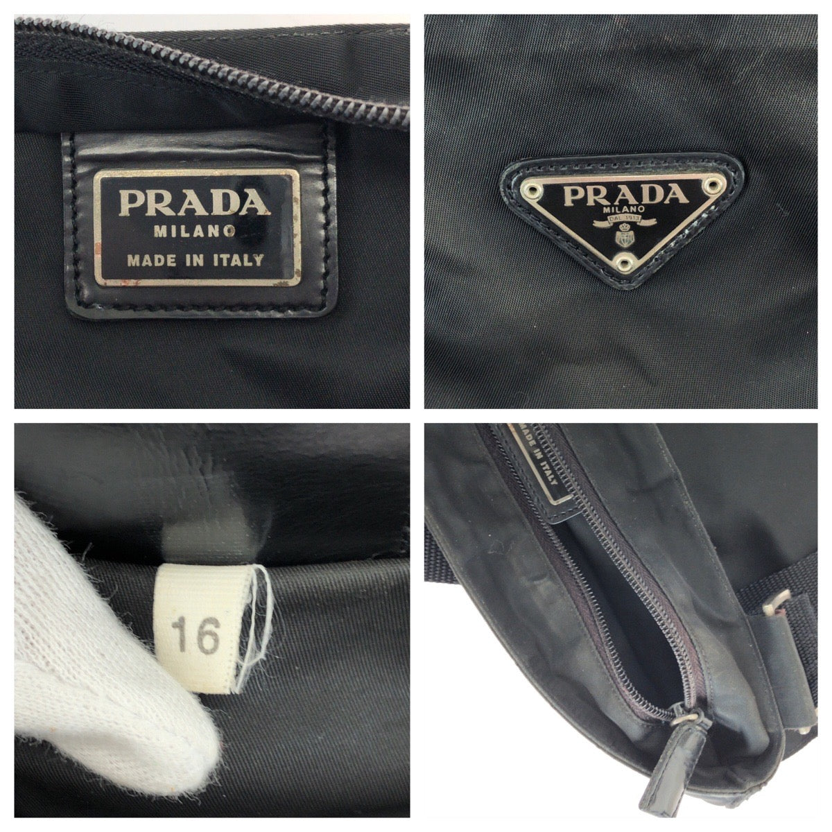 19763
PRADA プラダ テスート 三角ロゴプレート ブラック 黒 シルバー金具 ナイロン ショルダーバッグ サコッシュ  レディース AB