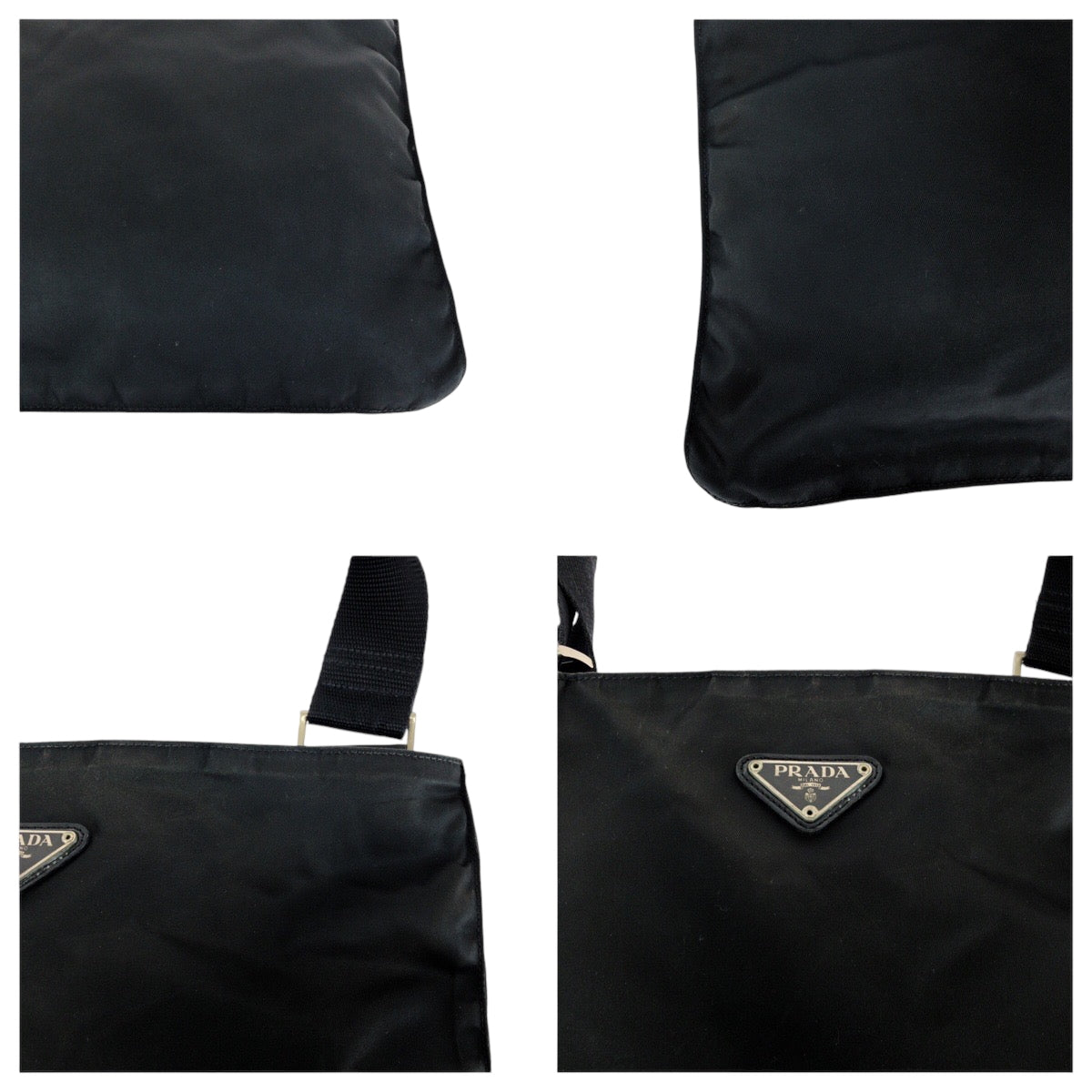 19763
PRADA プラダ テスート 三角ロゴプレート ブラック 黒 シルバー金具 ナイロン ショルダーバッグ サコッシュ  レディース AB