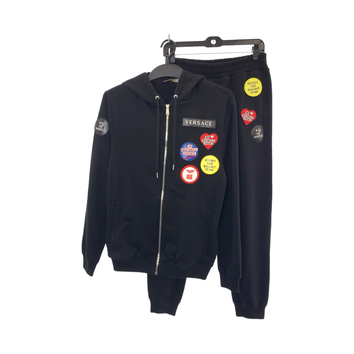 19803
VERSACE ヴェルサーチ マルチカラーパッチ パーカー サイズM パンツ サイズS ブラック 黒 マルチカラー コットン セットアップ 上下セット スウェット パーカー フーディ パンツ  メンズ ABP