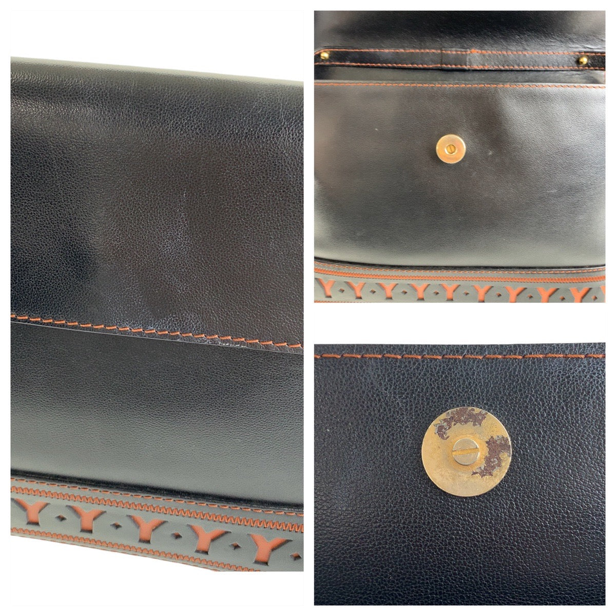 19805
YVES SAINT LAURENT イヴ サンローラン ヴィンテージ YSL Yカットアウト ブラック 黒 オレンジ ゴールド金具 レザー ショルダーバッグ メッセンジャーバッグ レディース AB42