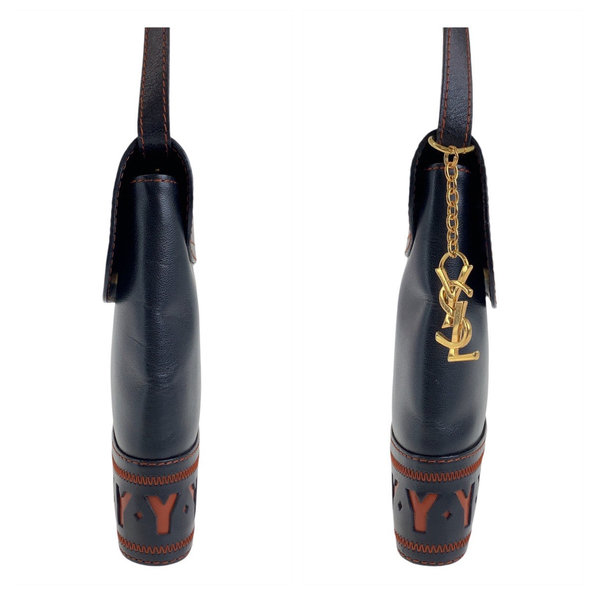 19805
YVES SAINT LAURENT イヴ サンローラン ヴィンテージ YSL Yカットアウト ブラック 黒 オレンジ ゴールド金具 レザー ショルダーバッグ メッセンジャーバッグ レディース AB42