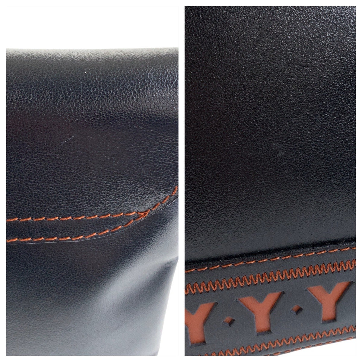 19805
YVES SAINT LAURENT イヴ サンローラン ヴィンテージ YSL Yカットアウト ブラック 黒 オレンジ ゴールド金具 レザー ショルダーバッグ メッセンジャーバッグ レディース AB42