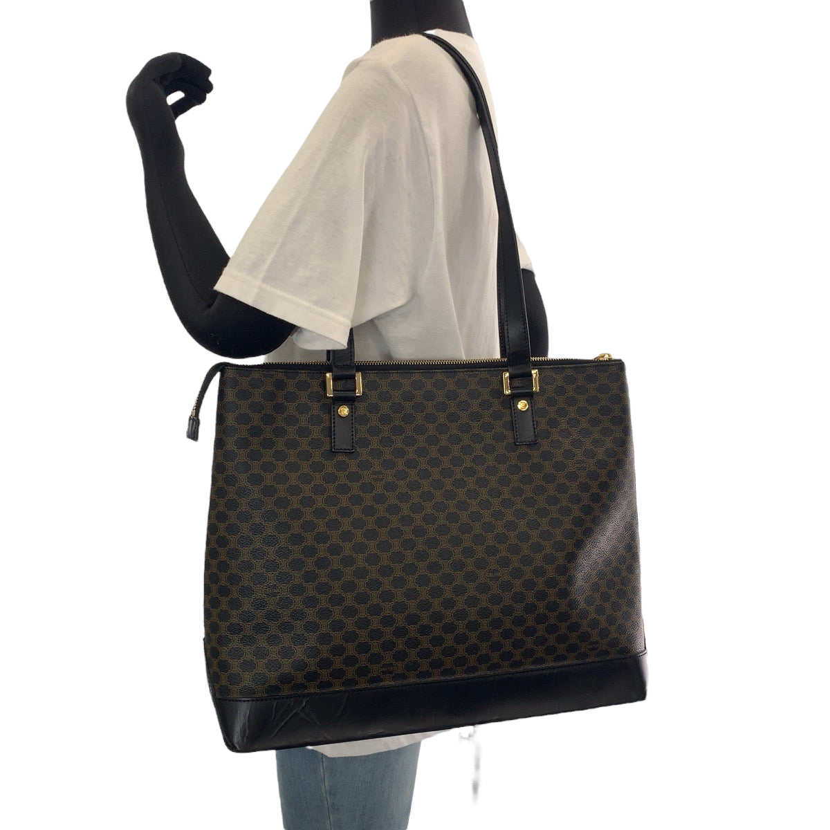 19806
CELINE セリーヌ ヴィンテージ マカダム ブラウン ゴールド金具 PVC トートバッグ ショルダーバッグ レディース ABP42