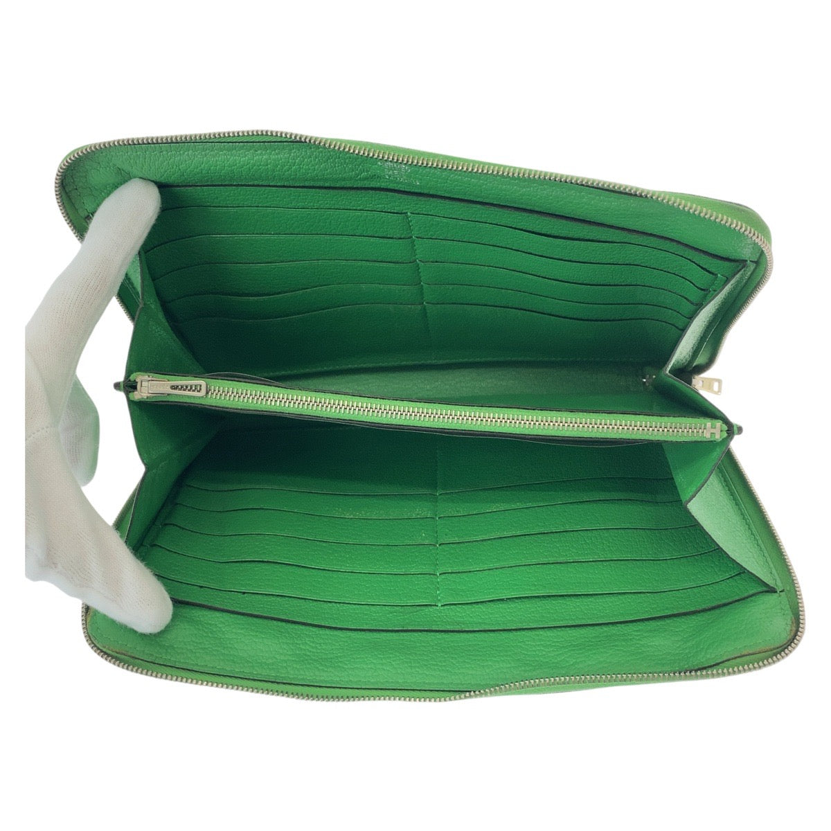 19809
HERMES エルメス アザップ TGM グリーン シルバー金具 レザー 長財布 ロングウォレット 男女兼用 T刻印 メンズ AB50