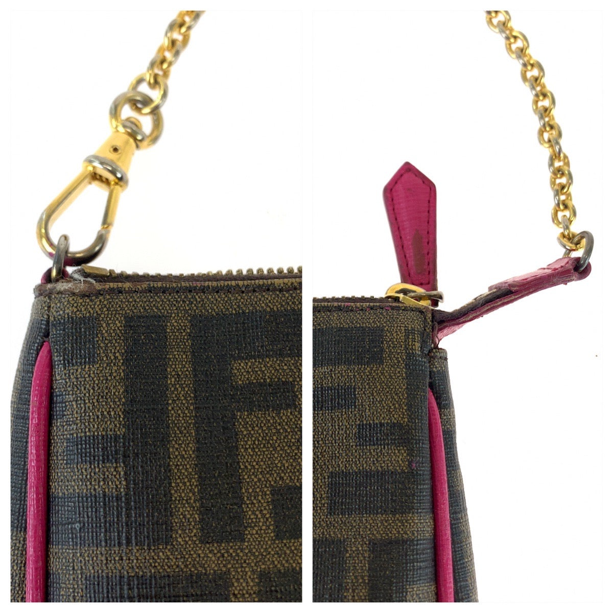 19810
FENDI フェンディ ズッカ柄 ブラウン ピンク ゴールド金具 レザー 8M0271 GRP チェーン ハンドバッグ アクセサリーポーチ  レディース ABP