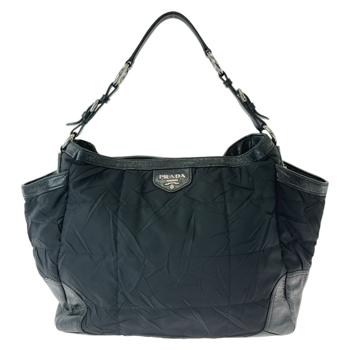 19816
PRADA プラダ テスート しわ加工 三角ロゴプレート ブラック 黒 シルバー金具 ナイロン / レザー ショルダーバッグ ハンドバッグ レディース ABP