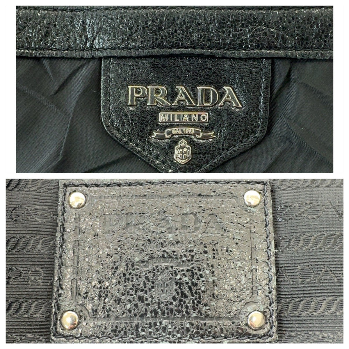 19816
PRADA プラダ テスート しわ加工 三角ロゴプレート ブラック 黒 シルバー金具 ナイロン / レザー ショルダーバッグ ハンドバッグ  レディース ABP