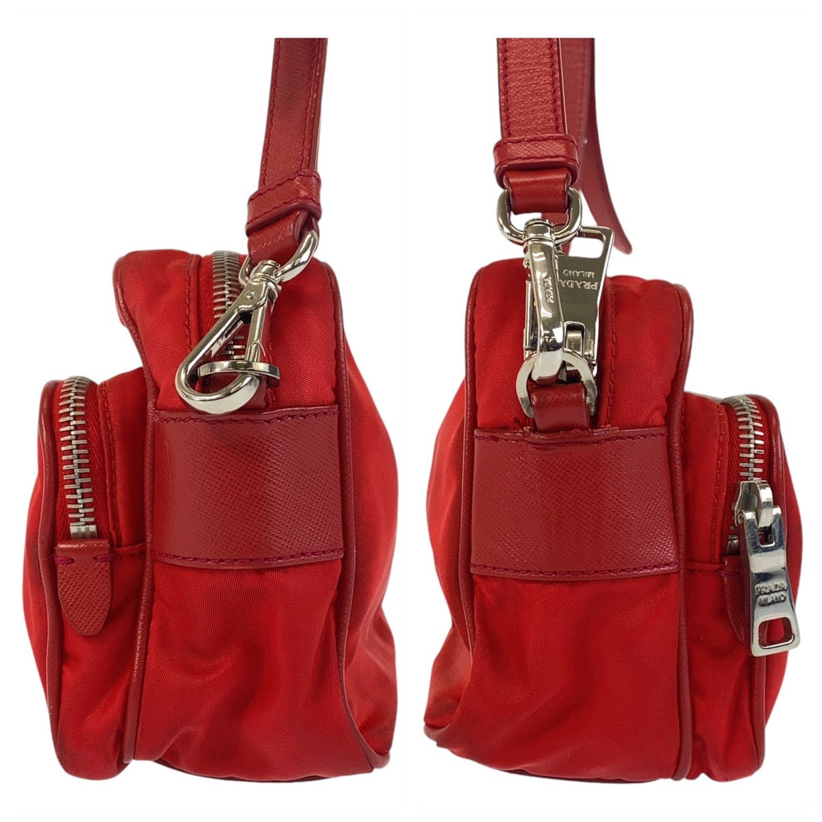 19820
PRADA プラダ テスート サフィアーノ 三角ロゴプレート レッド シルバー金具 ナイロン / レザー ショルダーバッグ ポシェット  レディース AB