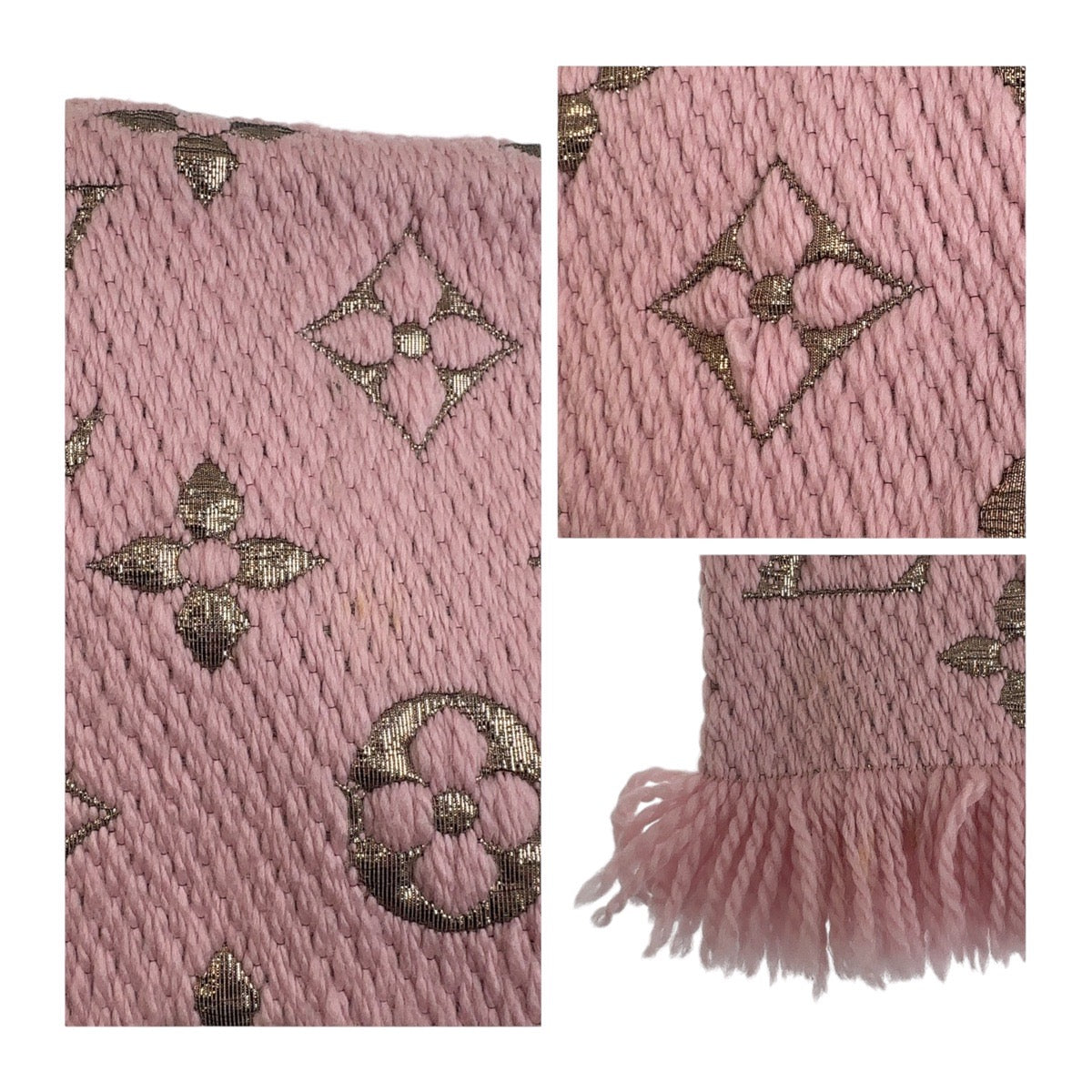 19821
LOUIS VUITTON ルイヴィトン モノグラム エシャルプロゴマニアシャイン ローズバレリーヌ ゴールド ウール M70466 マフラー 男女兼用 レディース ABP