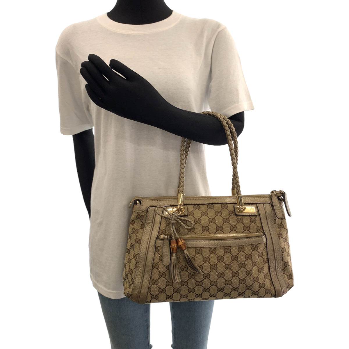 19839
GUCCI グッチ ベラ バンブー リボン タッセル ブラウン ゴールド金具 GGキャンバス 282300 トートバッグ ハンドバッグ  レディース AB