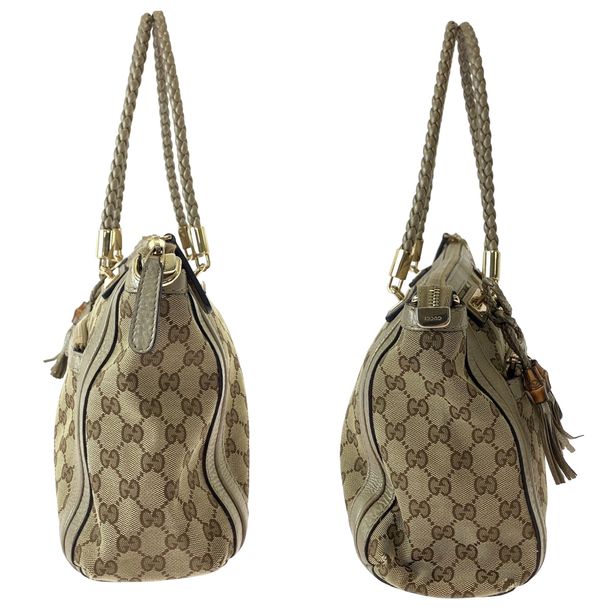 19839
GUCCI グッチ ベラ バンブー リボン タッセル ブラウン ゴールド金具 GGキャンバス 282300 トートバッグ ハンドバッグ  レディース AB