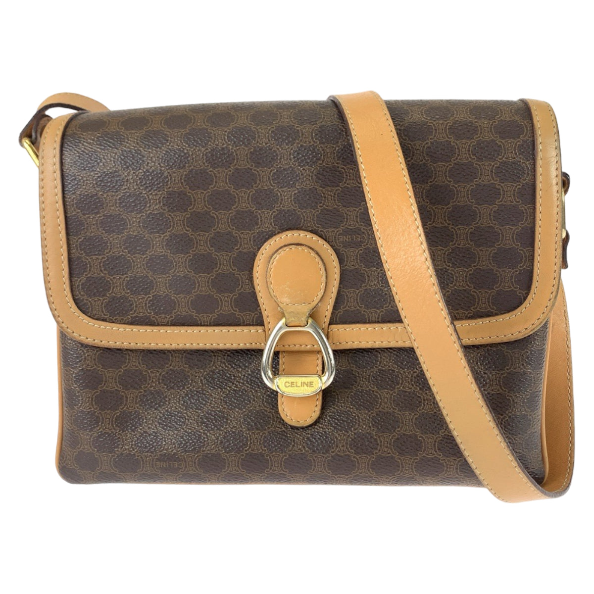 19843
CELINE セリーヌ ヴィンテージ マカダム柄 ブラウン ゴールド金具 PVC / レザー 斜め掛け ショルダーバッグ ポシェット レディース ABP35