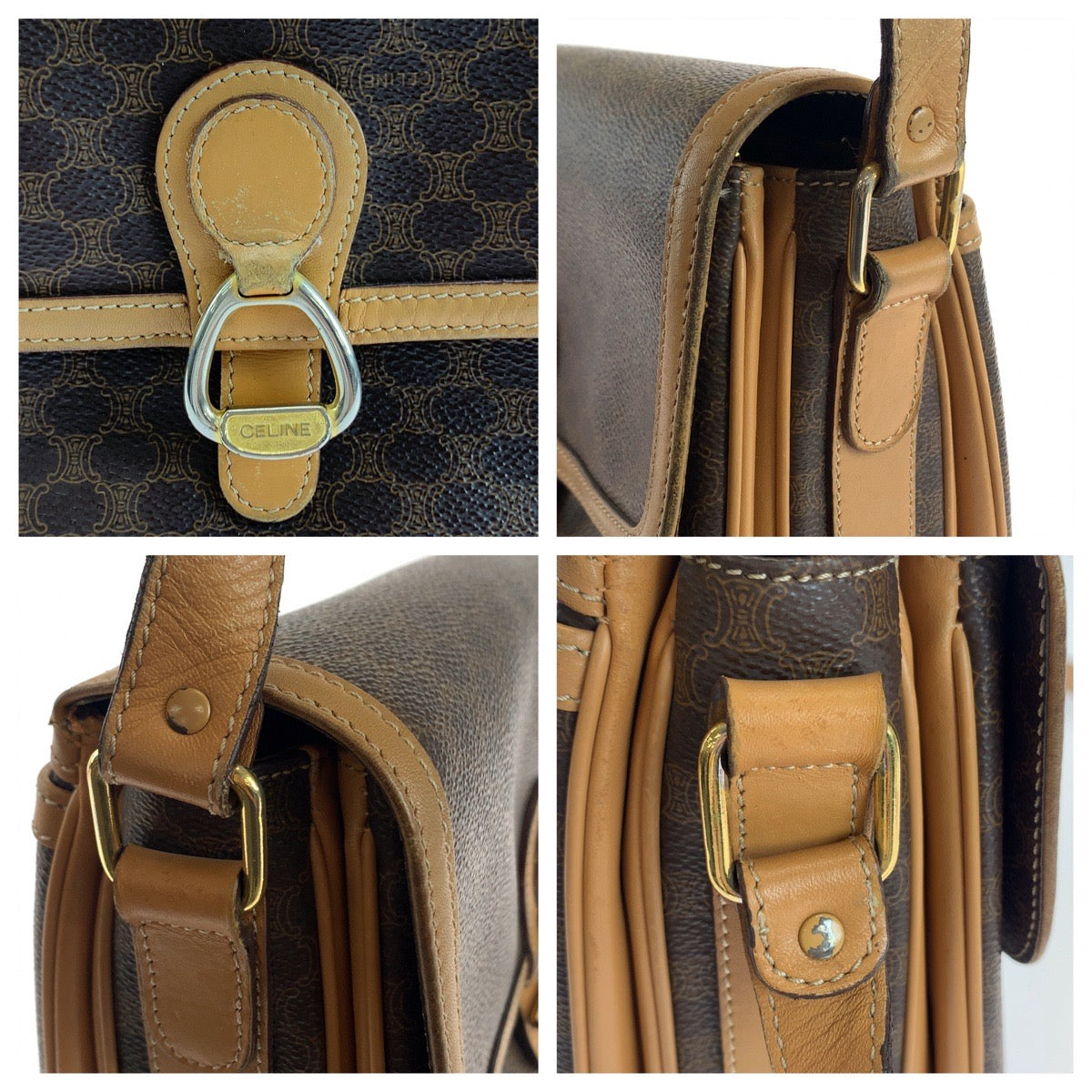 19843
CELINE セリーヌ ヴィンテージ マカダム柄 ブラウン ゴールド金具 PVC / レザー 斜め掛け ショルダーバッグ ポシェット レディース ABP35