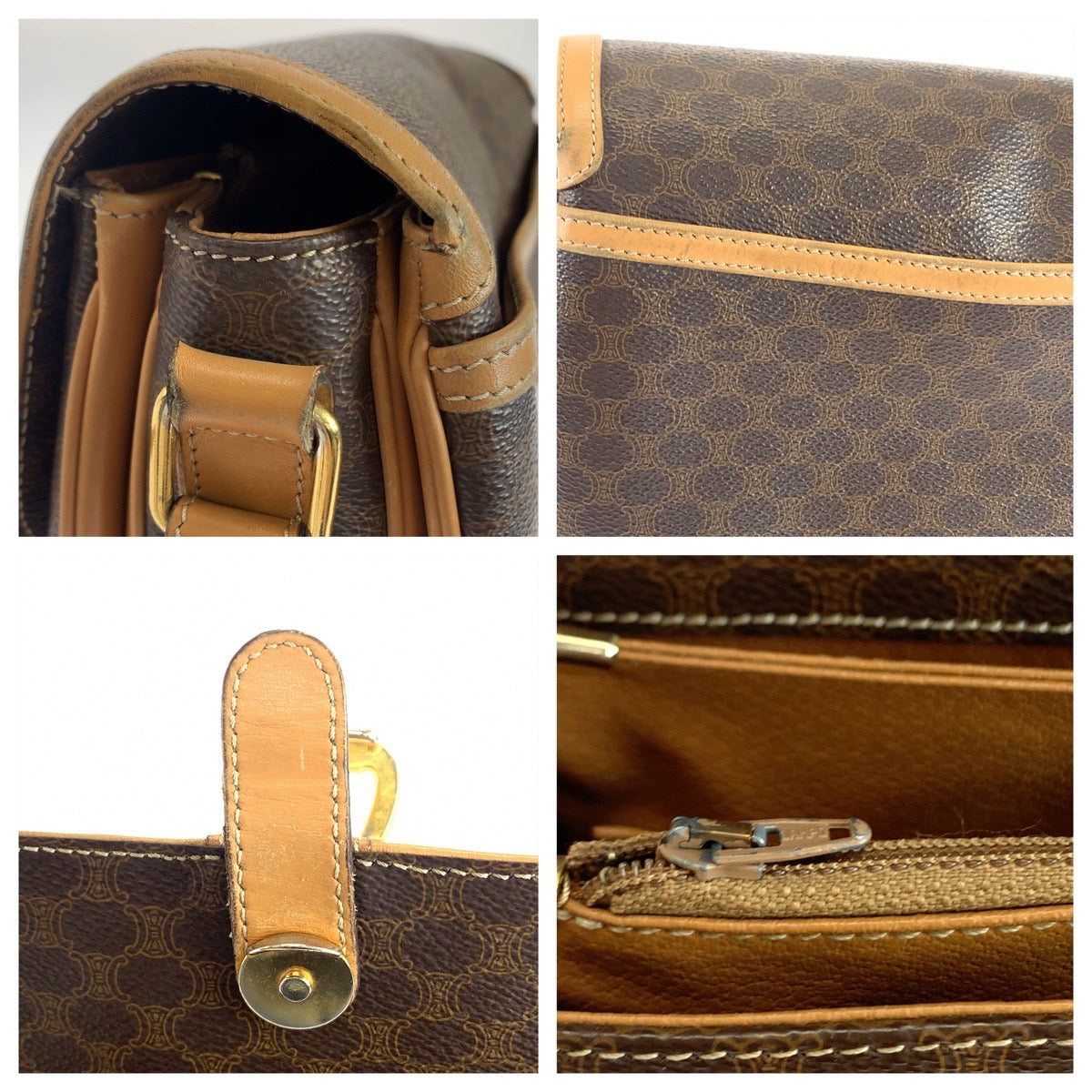 19843
CELINE セリーヌ ヴィンテージ マカダム柄 ブラウン ゴールド金具 PVC / レザー 斜め掛け ショルダーバッグ ポシェット レディース ABP35