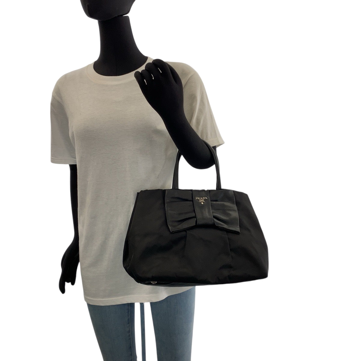 PRADA プラダ テスート リボン 三角ロゴプレート ブラック 黒 シルバー金具 ナイロン BN1601 トートバッグ ハンドバッグ  レディース ABP