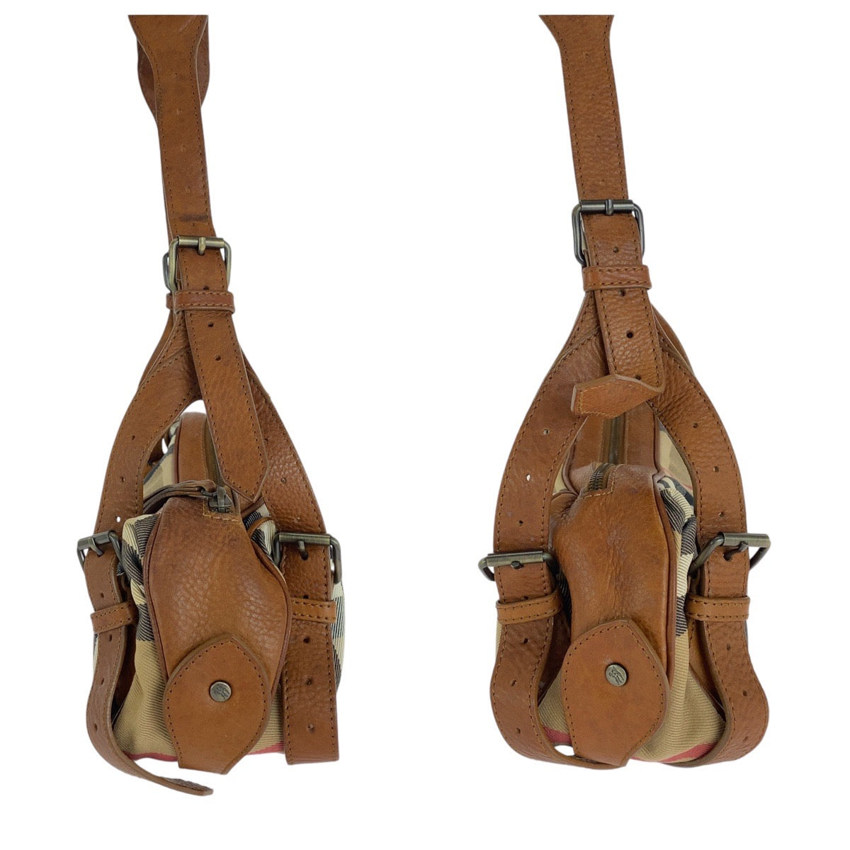 19857
BURBERRY バーバリー プローサム チェック柄 ブラウン ベージュ ガンメタ金具 キャンバス / レザー ショルダーバッグ レディース ABP35