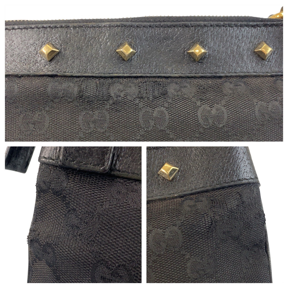 19884
GUCCI グッチ スタッズ ブラック 黒 ゴールド金具 GGキャンバス / レザー 120893 ショルダーバッグ ポシェット レディース AB20