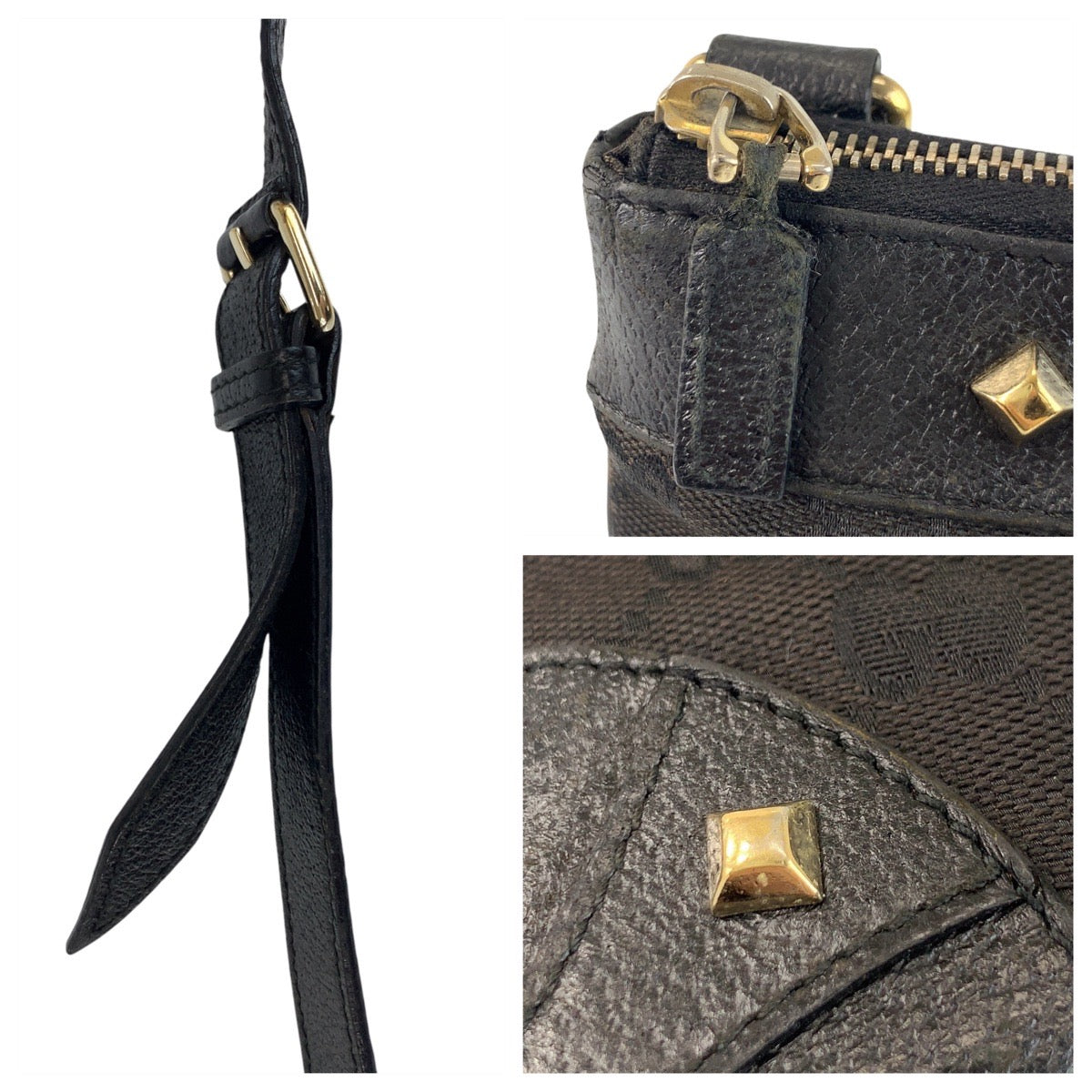19884
GUCCI グッチ スタッズ ブラック 黒 ゴールド金具 GGキャンバス / レザー 120893 ショルダーバッグ ポシェット レディース AB20