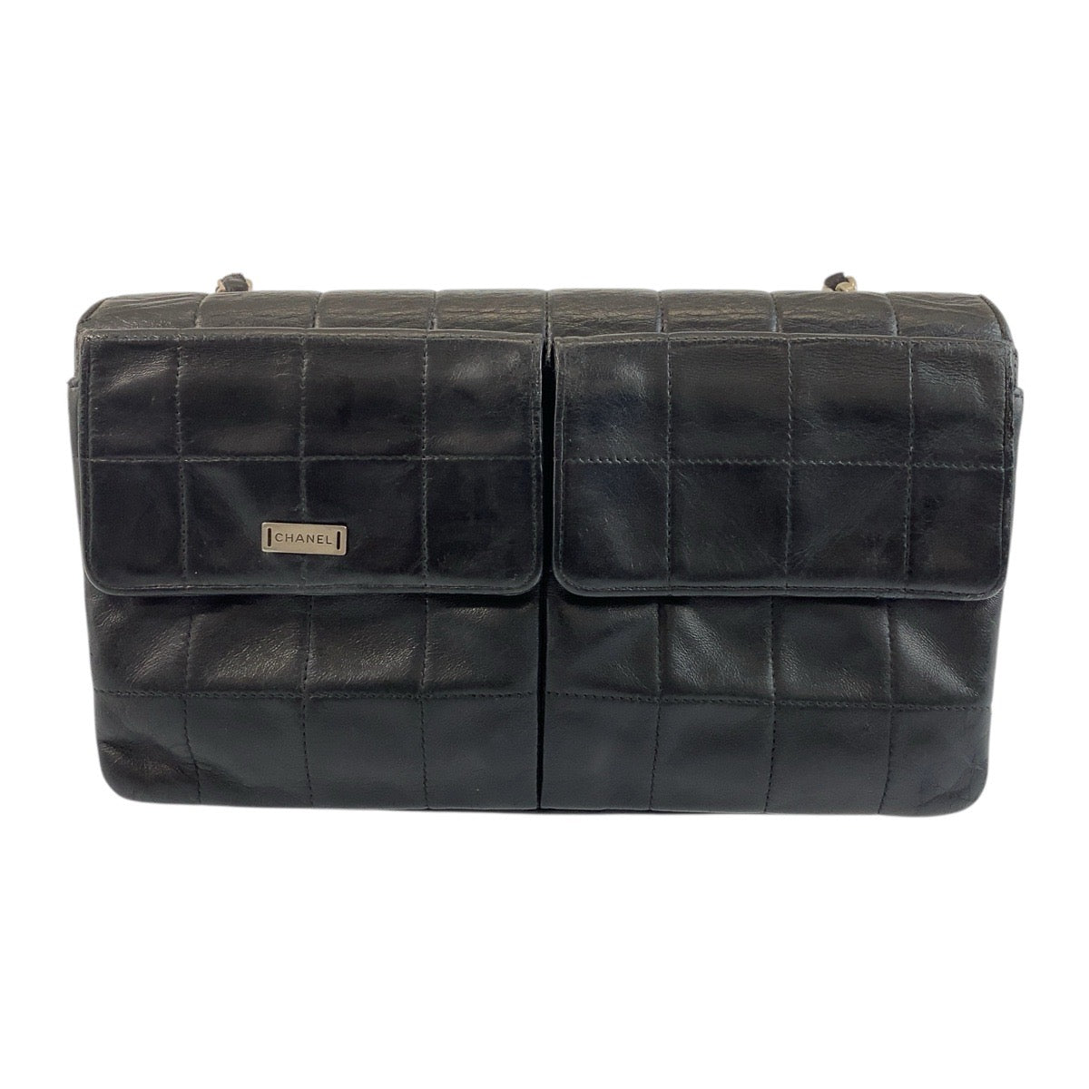 19890
CHANEL シャネル ヴィンテージ チョコバー ブラック 黒 シルバー金具 ラムスキン 6135*** チェーンショルダーバッグ レディース AB138