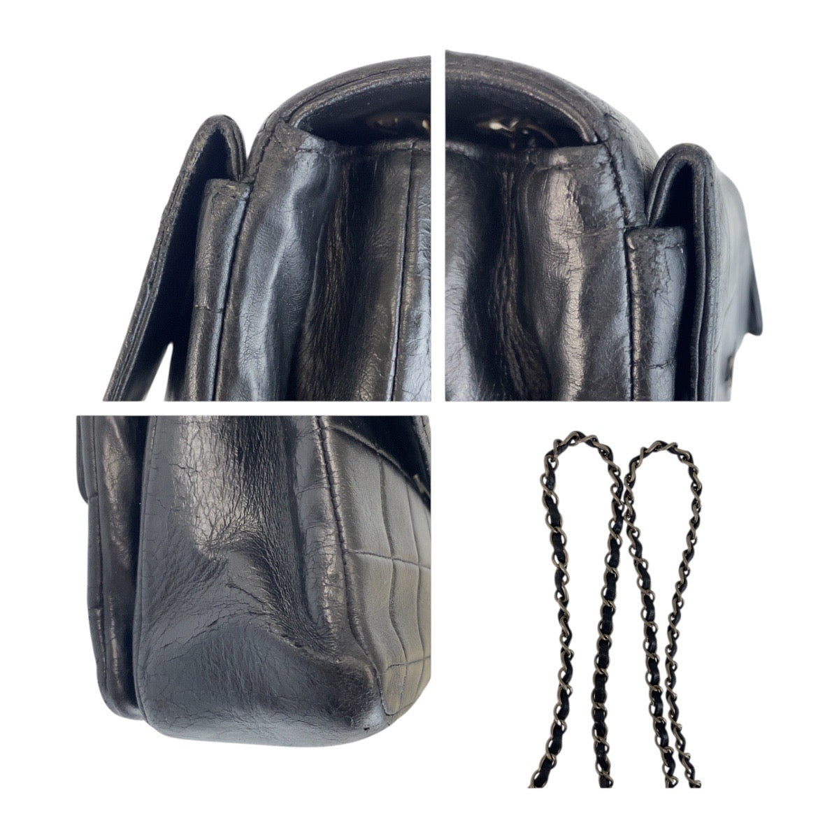 19890
CHANEL シャネル ヴィンテージ チョコバー ブラック 黒 シルバー金具 ラムスキン 6135*** チェーンショルダーバッグ レディース AB138