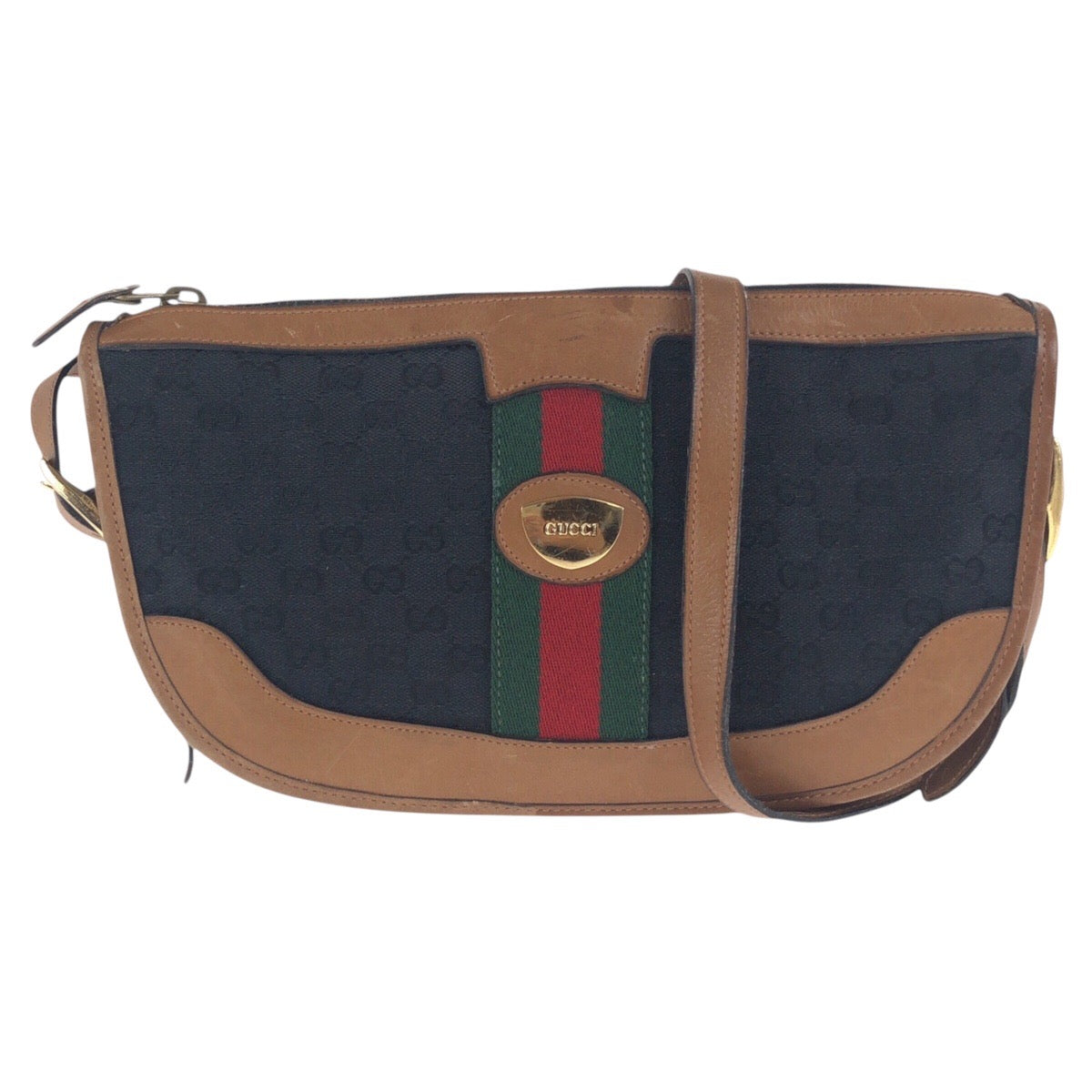 19906
GUCCI グッチ ヴィンテージ オールドグッチ シェリーライン ブラック 黒 ブラウン ゴールド金具 GGキャンバス / レザー ショルダーバッグ レディース AB45
