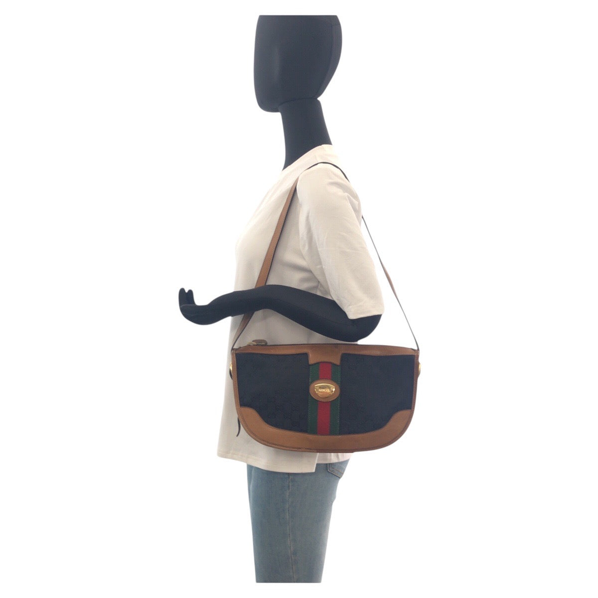 19906
GUCCI グッチ ヴィンテージ オールドグッチ シェリーライン ブラック 黒 ブラウン ゴールド金具 GGキャンバス / レザー ショルダーバッグ レディース AB45