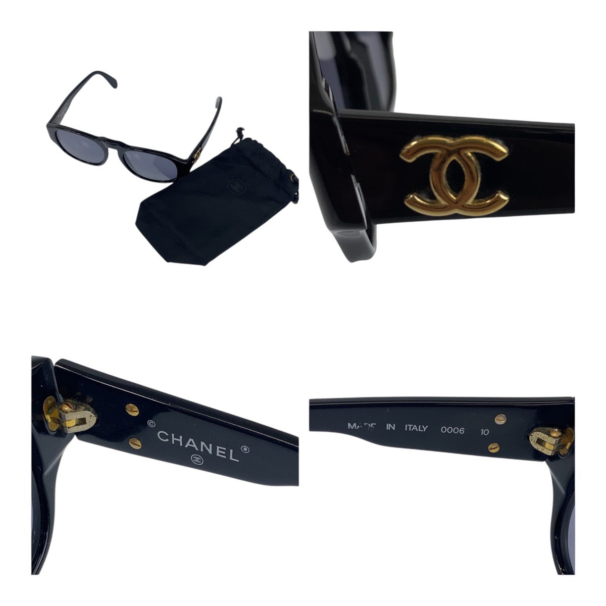 19908
CHANEL シャネル ヴィンテージ ココマーク ブラック ゴールド金具 プラスチック 0006 10 サングラス 男女兼用 ウェリントン レディース ABP20