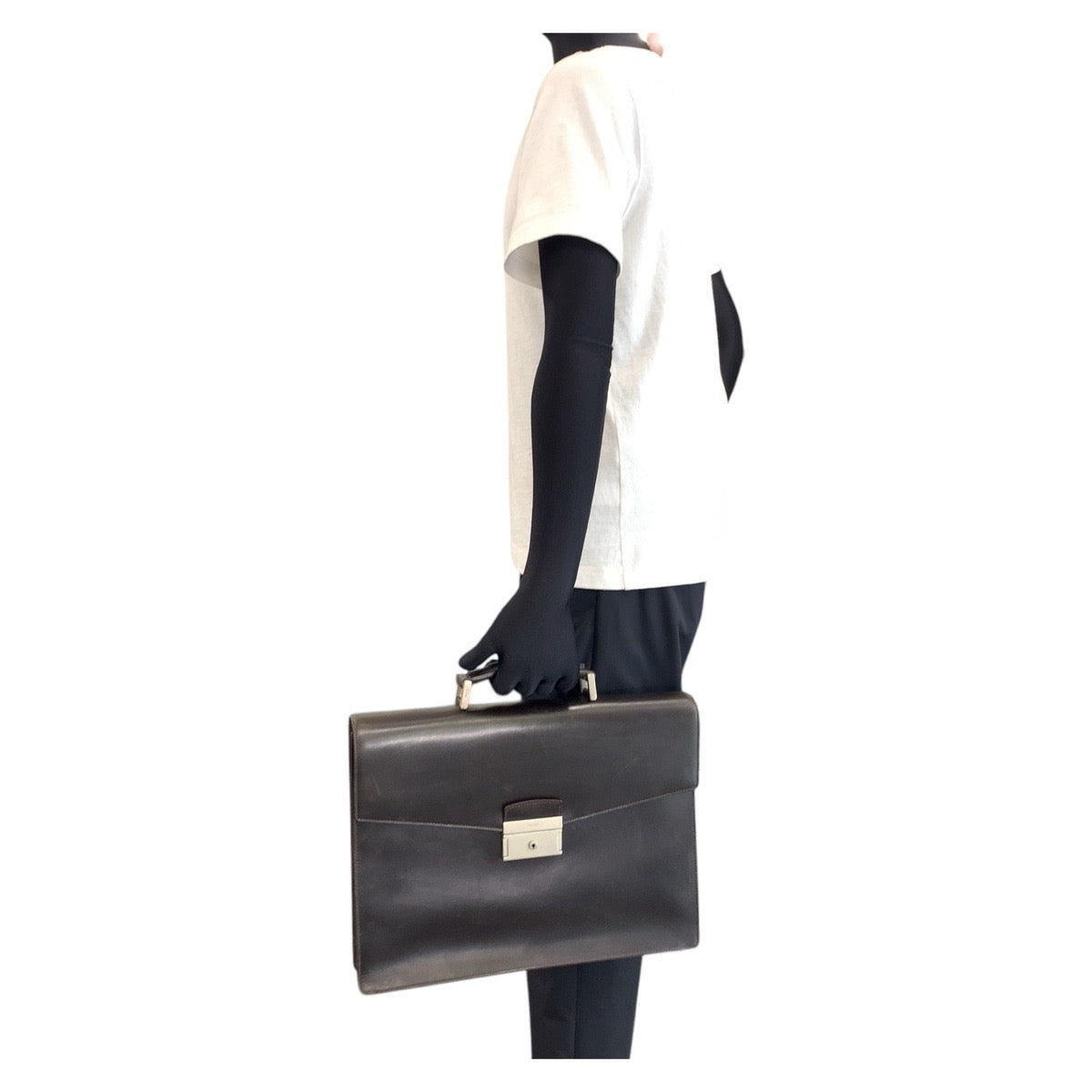 19950
PRADA プラダ ブラウン シルバー金具 レザー ビジネスバッグ ブリーフケース  メンズ ABP