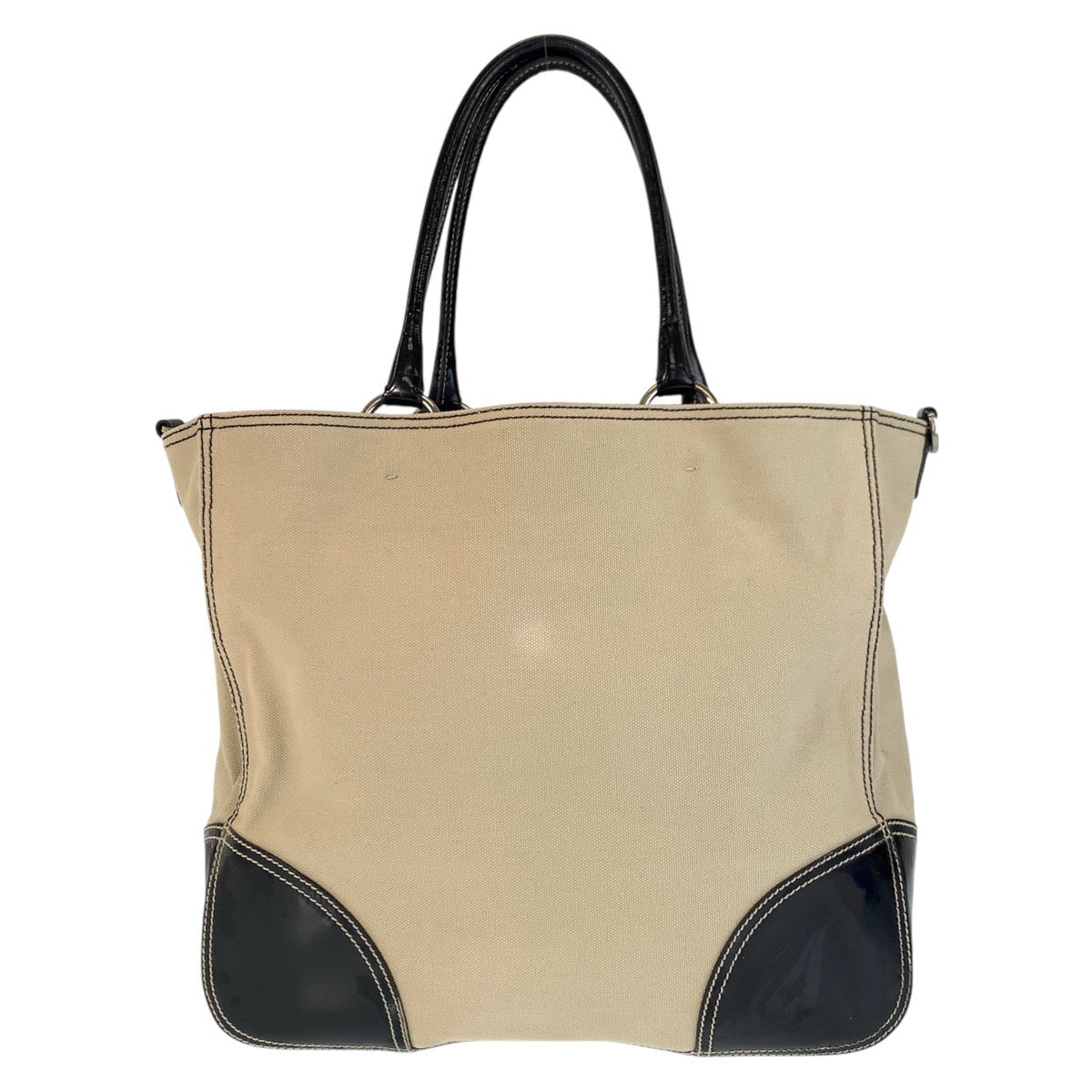 19957
PRADA プラダ 三角ロゴプレート ベージュ ブラック 黒 シルバー金具 キャンバス / エナメル トートバッグ ショルダーバッグ レディース AB