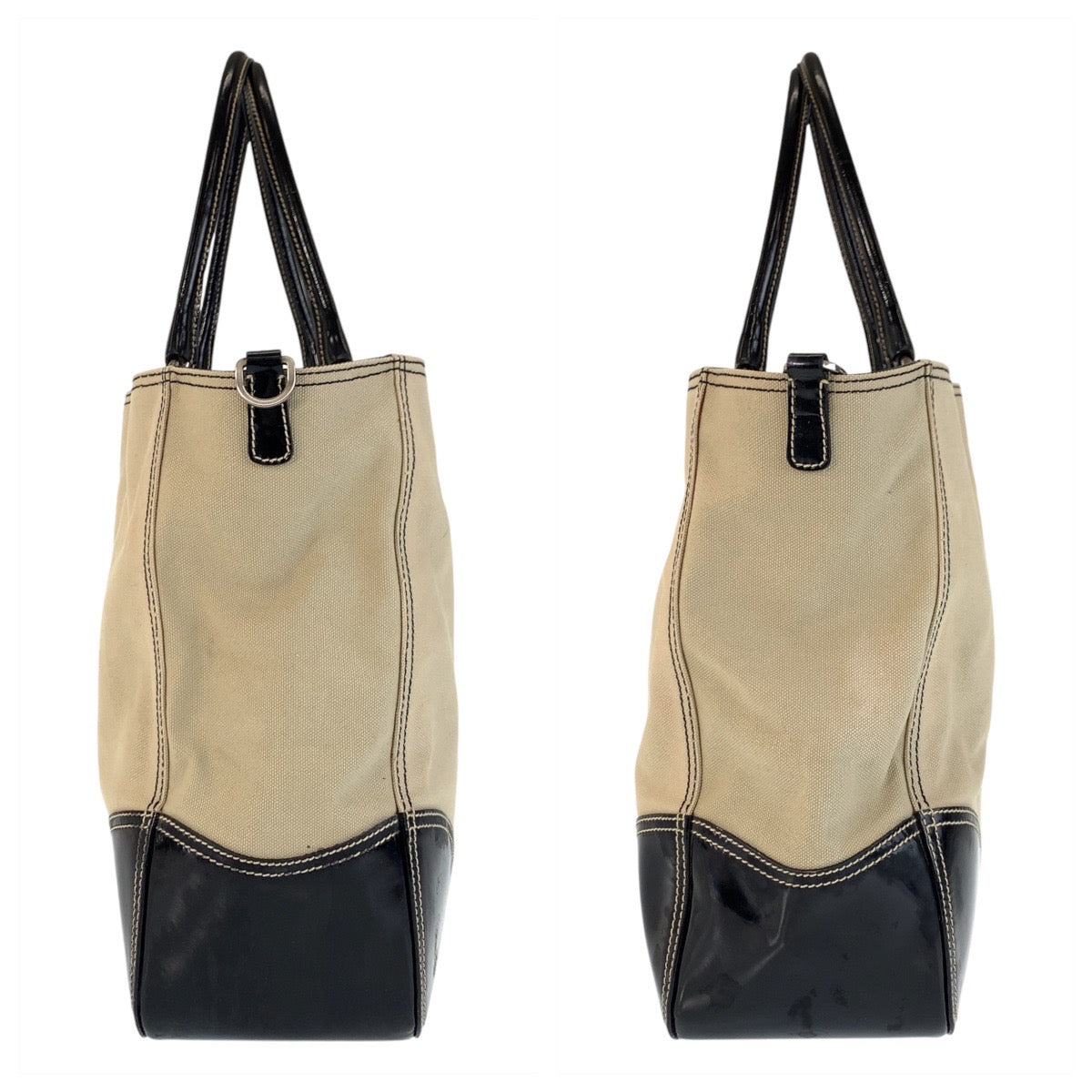 19957
PRADA プラダ 三角ロゴプレート ベージュ ブラック 黒 シルバー金具 キャンバス / エナメル トートバッグ ショルダーバッグ レディース AB