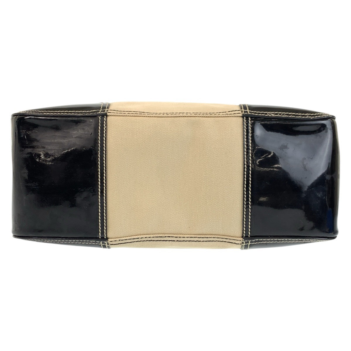 19957
PRADA プラダ 三角ロゴプレート ベージュ ブラック 黒 シルバー金具 キャンバス / エナメル トートバッグ ショルダーバッグ  レディース AB