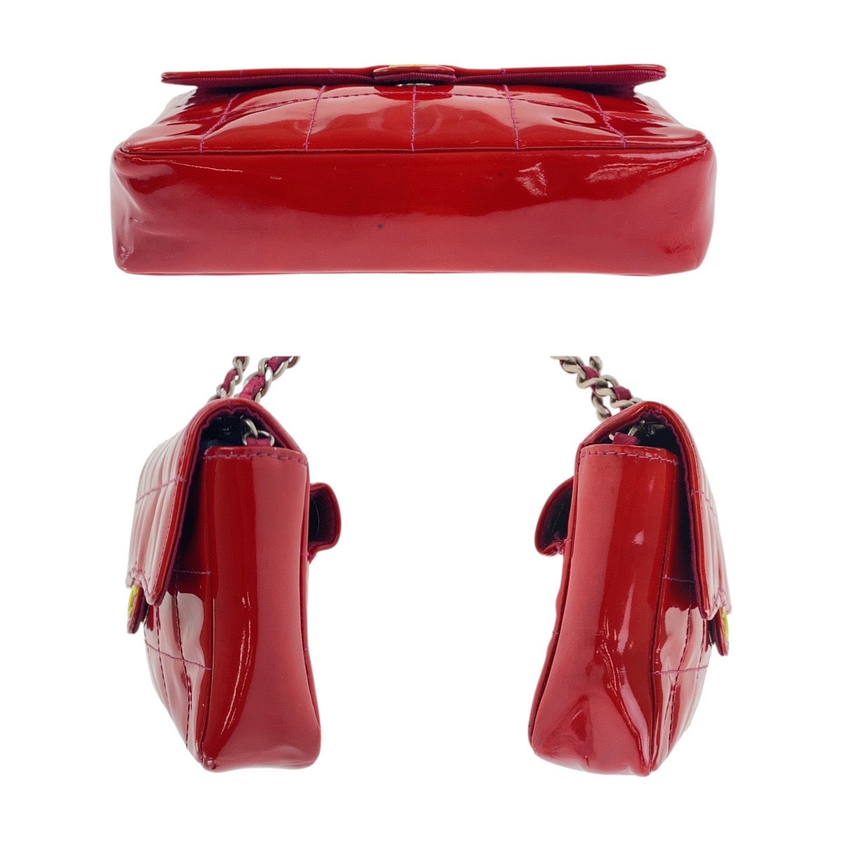 20020
CHANEL シャネル ヴィンテージ チョコバー ココマーク レッド イエロー シルバー金具 エナメル チェーンショルダーバッグ ウエストバッグ レディース AB100