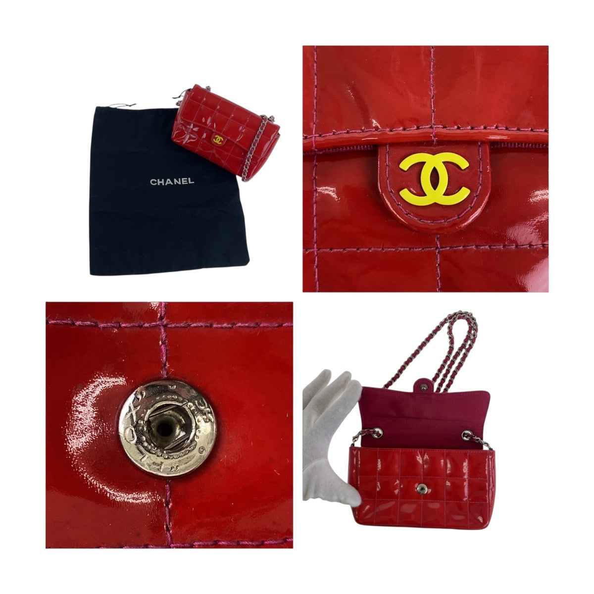20020
CHANEL シャネル ヴィンテージ チョコバー ココマーク レッド イエロー シルバー金具 エナメル チェーンショルダーバッグ ウエストバッグ レディース AB100