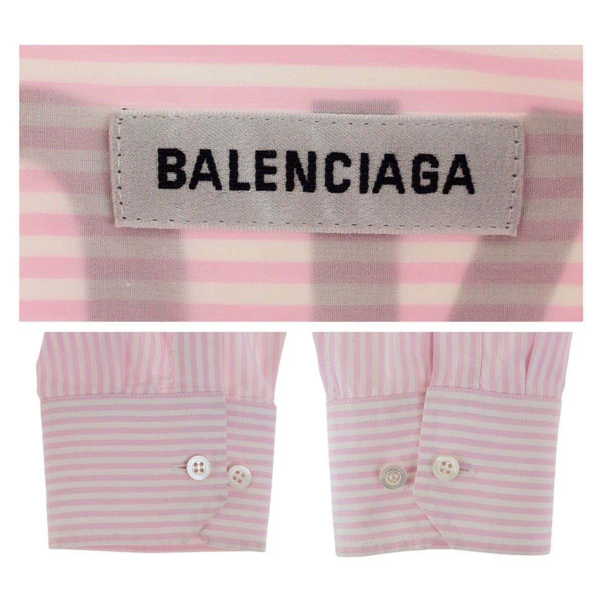 20076
BALENCIAGA バレンシアガ ピンク ホワイト コットン リボン バックロゴ ストライプ ロングスリーブシャツ 長袖シャツ レディース ABP35