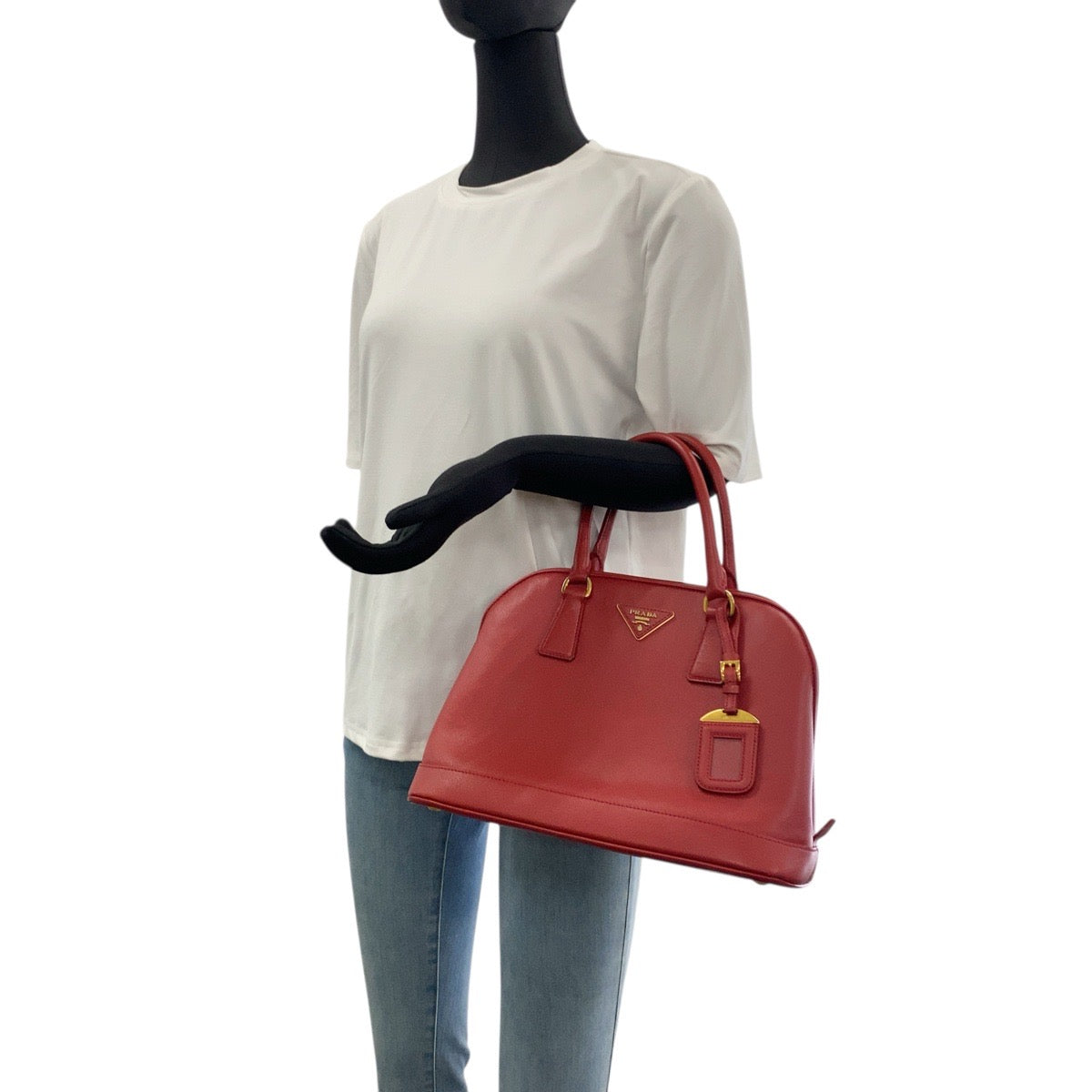 20082
PRADA Saffiano Triangle Logo Plate Red Gold Hardware Leather Handbag Shoulder Bag 2WAY Women's AB63