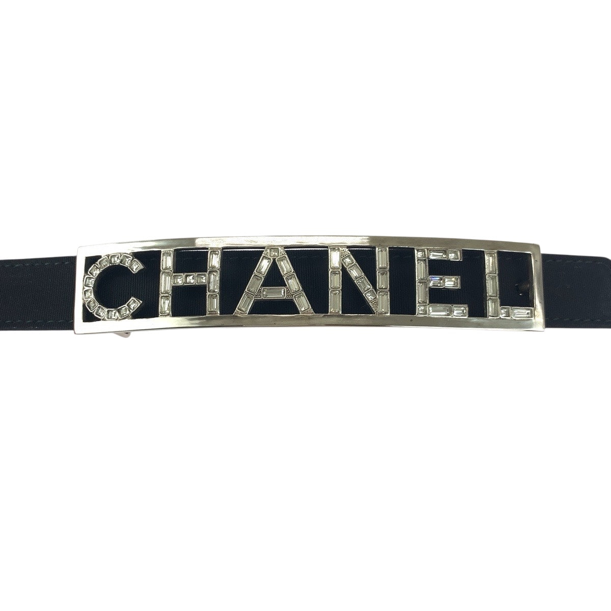20087
CHANEL シャネル ロゴ ラインストーン 85cm/34inc ブラック シルバー金具 レザー ベルト B15 S刻印 レディース A84