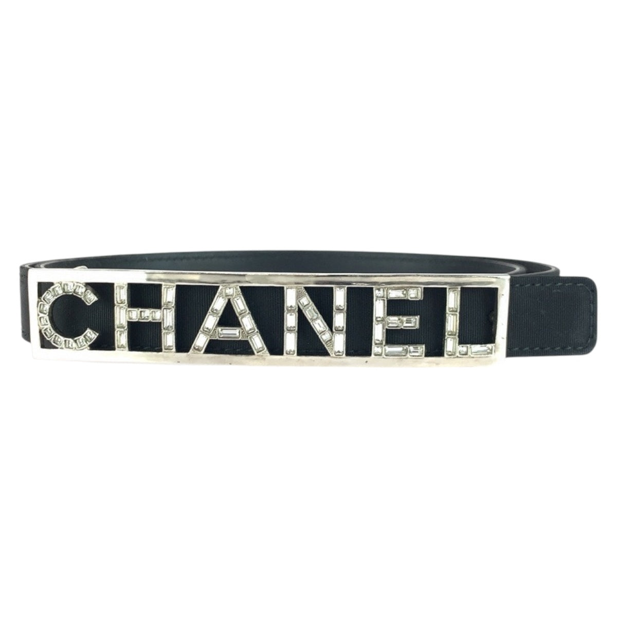 20087
CHANEL シャネル ロゴ ラインストーン 85cm/34inc ブラック シルバー金具 レザー ベルト B15 S刻印 レディース A84