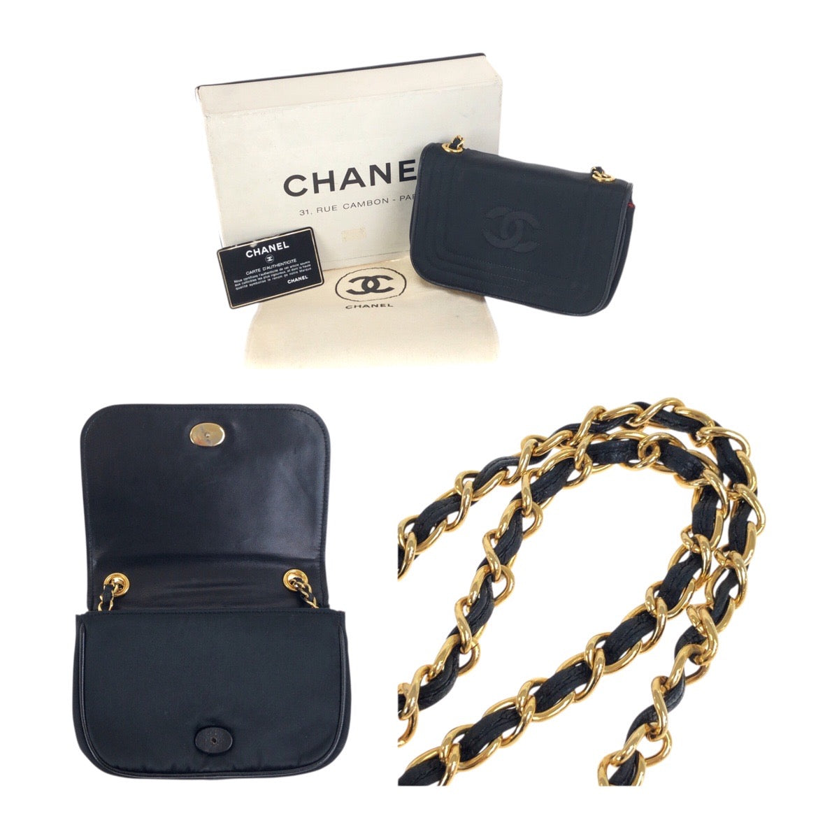 20098
CHANEL シャネル ヴィンテージ ココマーク ブラック 黒 ゴールド金具 サテン チェーンショルダーバッグ ポシェット レディース AB88