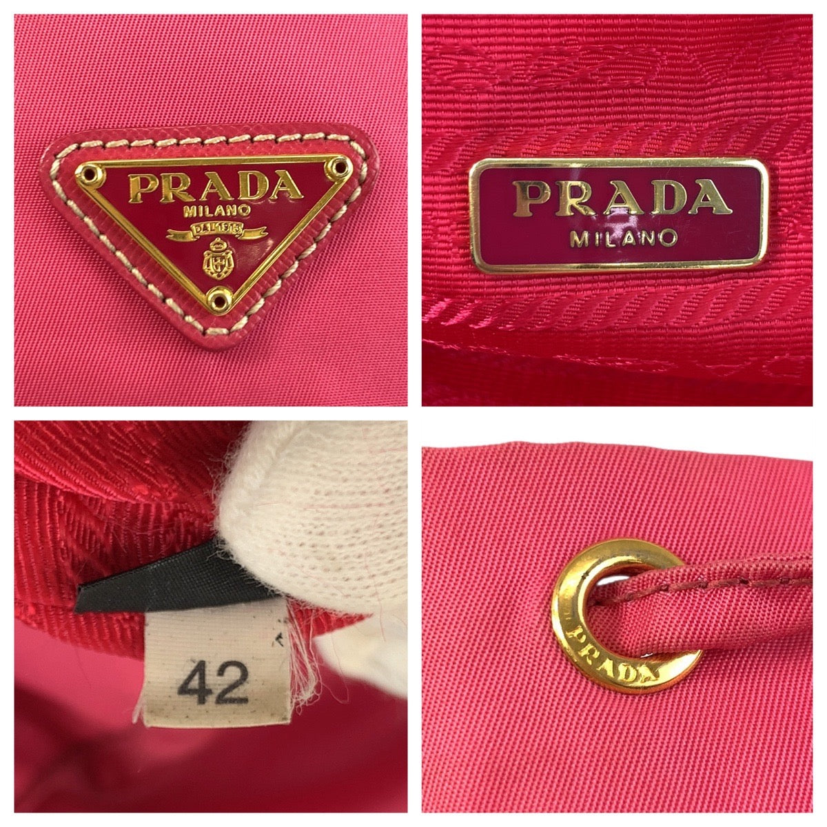 20108
PRADA プラダ テスート 三角ロゴプレート ピンク ゴールド金具 ナイロン ポーチ 巾着ポーチ レディース ABP28