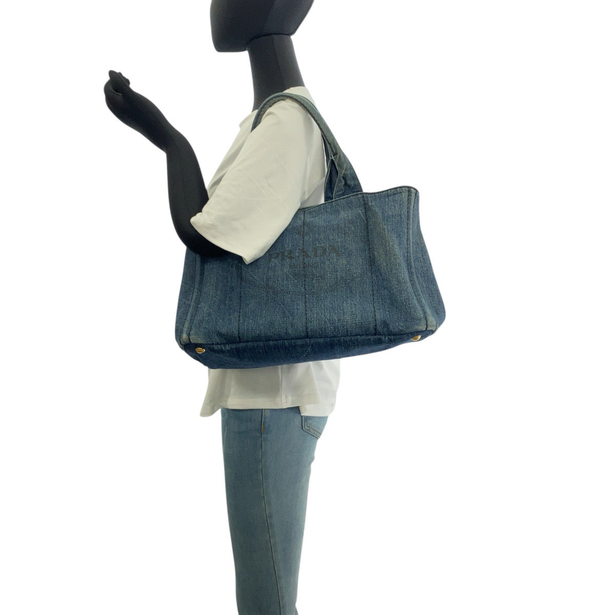 20132
PRADA プラダ カナパ 三角ロゴプレート ブルー ゴールド金具 キャンバス トートバッグ ハンドバッグ レディース AB35