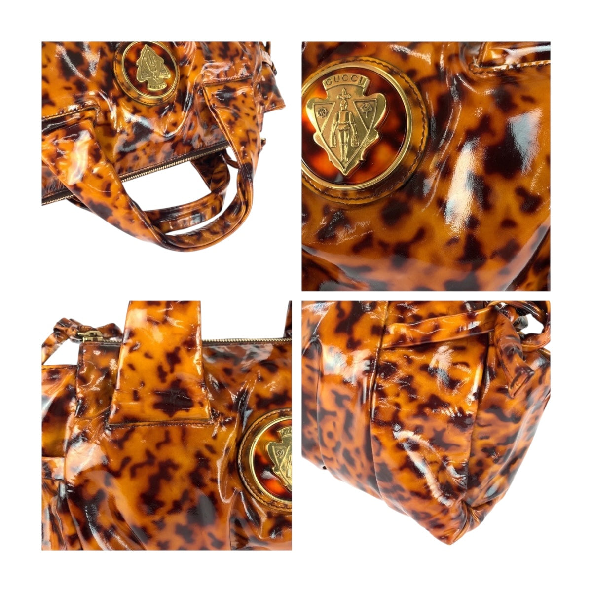 20215
GUCCI グッチ ヒステリア アニマル柄 ブラウン ゴールド金具 エナメル 197020 ハンドバッグ レディース ABP36