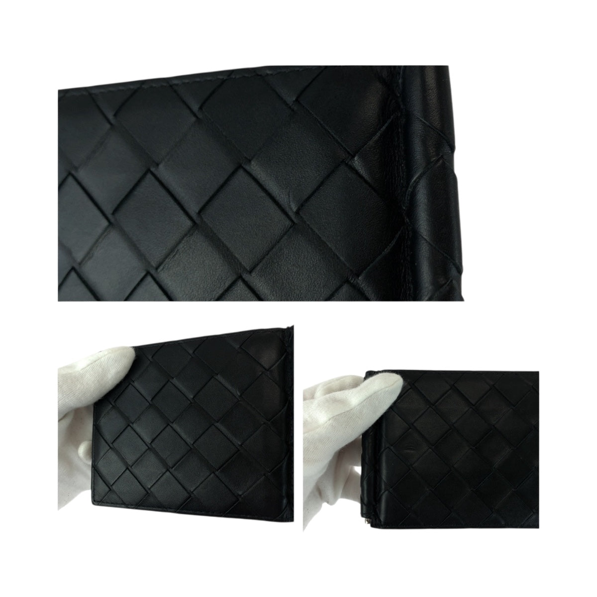 20257
BOTTEGAVENETA ボッテガヴェネタ イントレチャート ブラック 黒 シルバー金具 レザー 折財布 マネークリップ メンズ A35