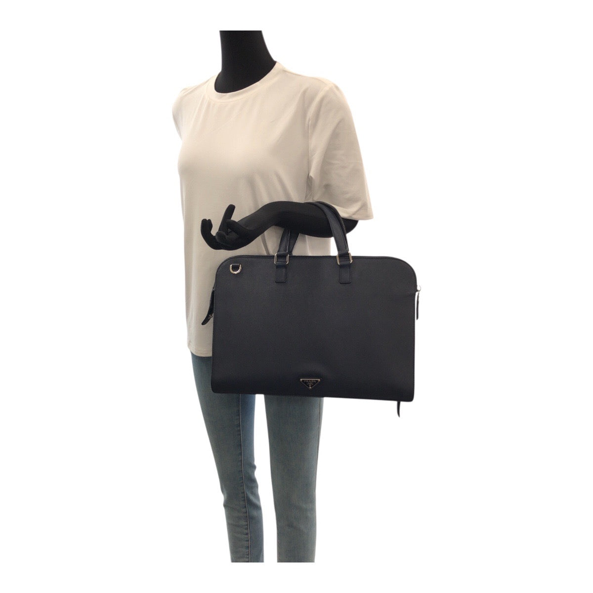 20282
PRADA プラダ サフィアーノ 三角ロゴプレート ネイビー シルバー金具 レザー ビジネスバッグ ハンドバッグ メンズ AB57