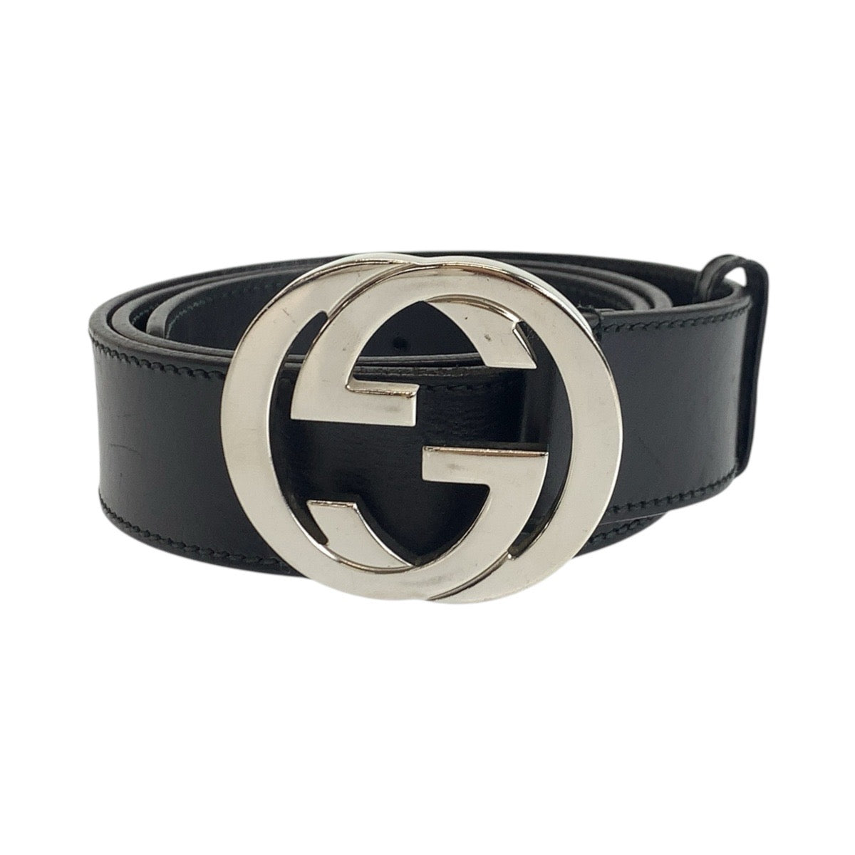 20351
GUCCI グッチ インターロッキング 85/34 ブラック 黒 シルバー金具 レザー 114984 ベルト メンズ AB21