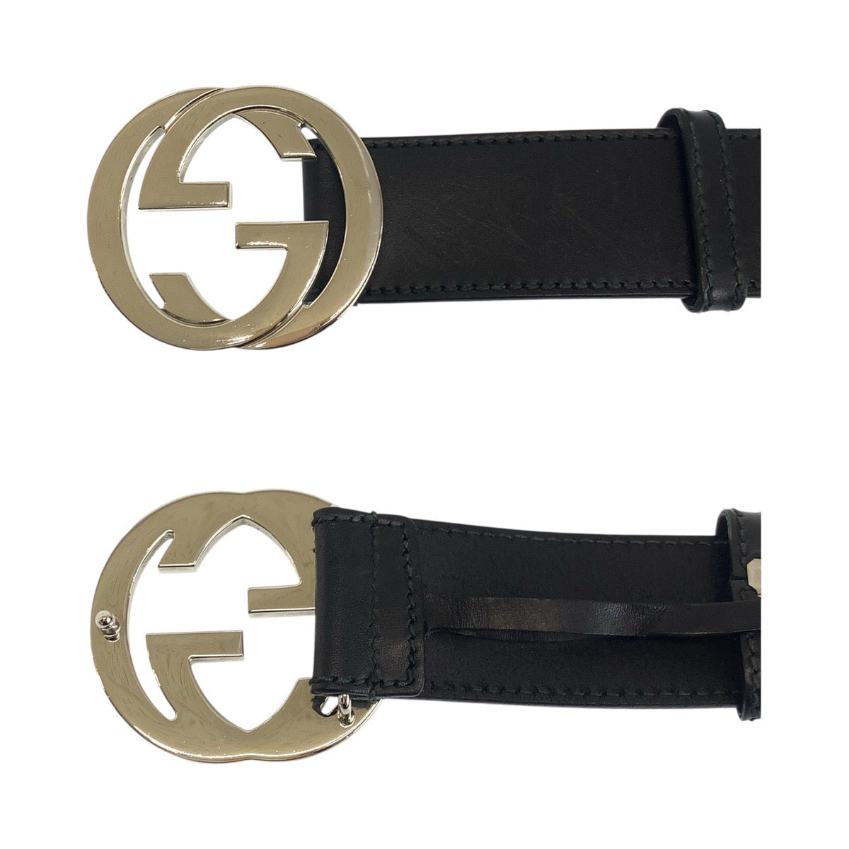 20351
GUCCI グッチ インターロッキング 85/34 ブラック 黒 シルバー金具 レザー 114984 ベルト メンズ AB21