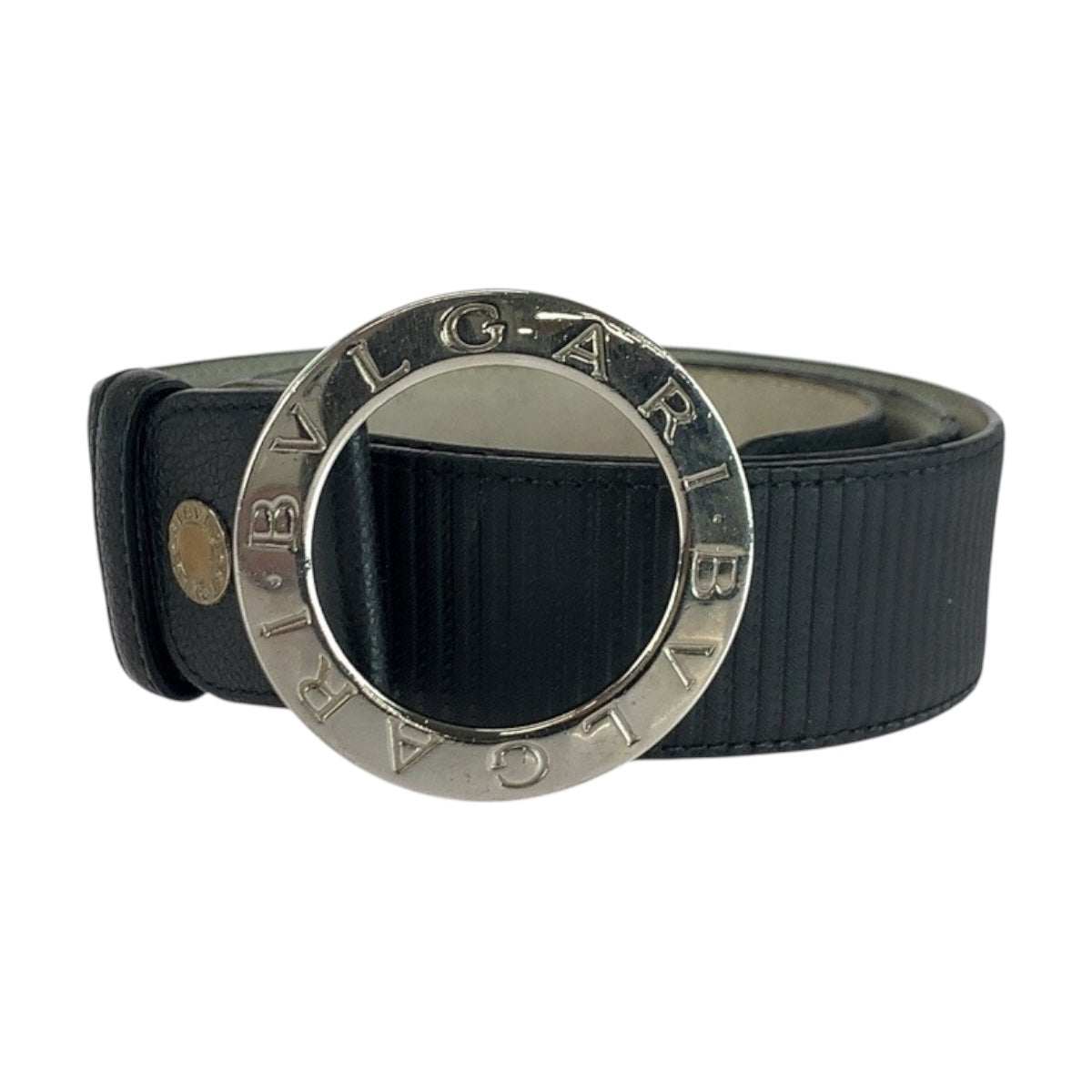 20353
BVLGARI ブルガリ サークルロゴ 105cm/42inc ブラック 黒　シルバー金具 レザー ベルト バックル メンズ AB14